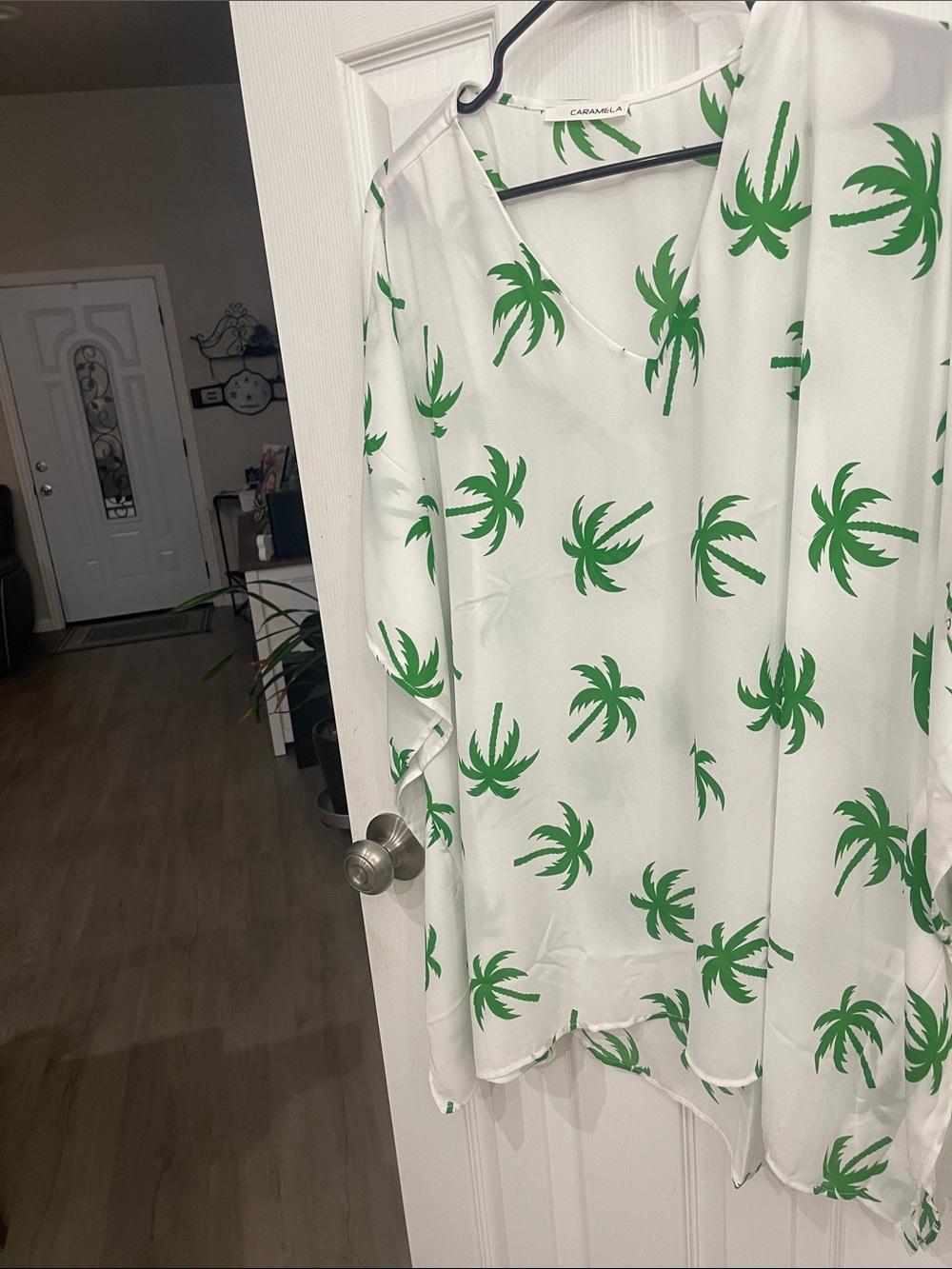 White Blouse with Green Palm Print - Casual Women's Top